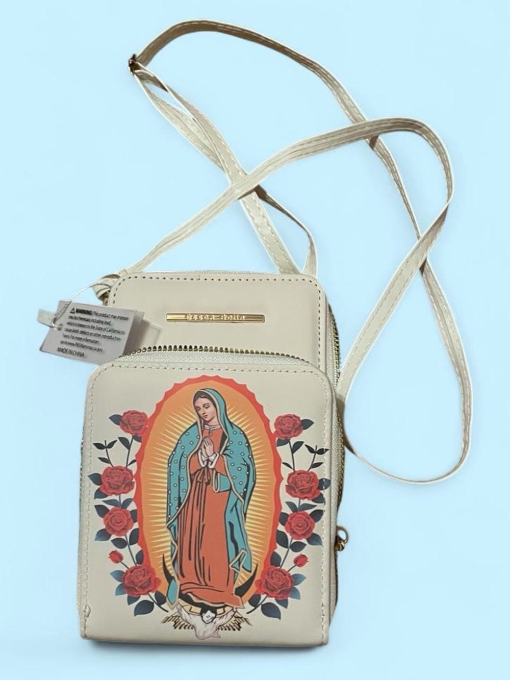 Cream/White Crossbody Phone Bag with Our Lady of Guadalupe Print
